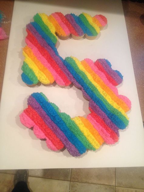 Rainbow "5" Cupcake Cake Number 5 Rainbow Cupcake Cake, Number 5 Rainbow Cake, Pull Apart Rainbow Cupcake Cake, Rainbow Cupcake Cakes Pull Apart, 7 Cupcake Cake, Rainbow Shaped Cake, 5 Cupcake Cake, Pull Apart Cake Ideas, Rainbow Cupcake Cake