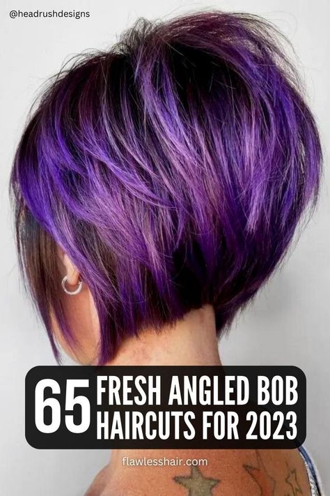 A-line, stacked, blunt, inverted—which angled bob is right for you? Here are 65 trendy angled bob haircuts to give you ideas and inspire you. Purple Hair Bob Short, Purple Highlights Brown Hair Short Pixie, Super Stacked Bob Haircut, Asymmetrical Bob Back View, Purple Bob Hair, Sassy Bob Haircut, Medium Stacked Haircuts, Feathered Bob Hairstyles, A Symmetrical Bob