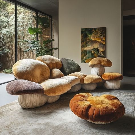 The Fungi Couch is a whimsical, mushroom-inspired piece with a plush, rounded design and soft, velvety upholstery. Its base mimics a mushroom stem, blending nature and comfort into a cozy, eye-catching addition to any space. Conceptual AI Art Follow @ecosapiens for more! Mushroom Sofa, Mushroom Couch, Mushroom Furniture, Mushroom Stem, Sofa Set Design, Mushroom Chair, Mushroom Houses, Toad House, Weird Furniture