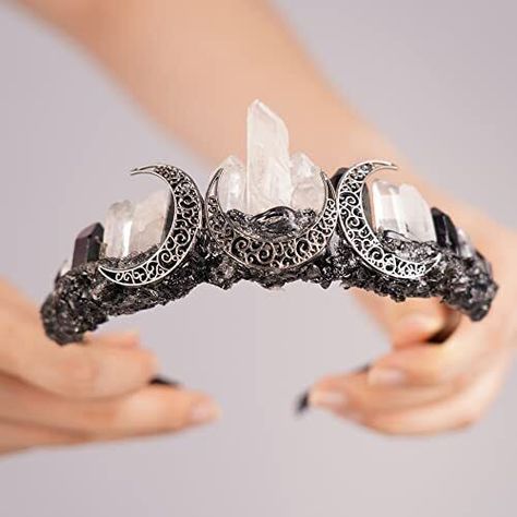 JWICOS Crystal Quartz Crown Clear Crystal Headband Tiara Moon Goddess Witch Headpiece for Women and Girls Halloween Costume (Silver) ♥Baroque Vintage Design:The classic royal princess crown tiara headband with a distinctive charm, vintage while fashion. Add a touch of mystique and romance to your important day by wearing this sparkling crown. ♥Approximately Size: 2.2 inches(5.5 cm) in height,5 inches(12.5 cm) in diameter, the common size of this headpiece is suitable for most people´s head! ♥Mat Witchy Wedding Crown, Hecate Crown, Coven Party, Witch Headpiece, Crown And Tiara, Moon Crown, Crystal Wedding Crown, Goddess Witch, Boho Tiara