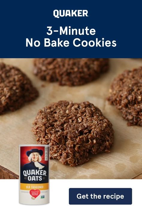 These easy, four ingredient, 3-Minute No-Bake Cookies are perfect for a quick bite. Just add Quaker Oats, sugar, butter and cocoa powder. Easy No Bake Cookies 4 Ingredients, Old Fashioned Oats No Bake Cookies, Easy Oatmeal Cookies With Quick Oats 4 Ingredients, Quaker Oats Oatmeal Cookie Recipe, Original Quaker Oatmeal Cookie Recipe, No Bake Chocolate Peanut Butter Oatmeal Cookies Recipe, 6 Ingredient No Bake Peanut Butter Chocolate Oat Cups, No Bake Cookie Recipe, Easy Oatmeal Recipes