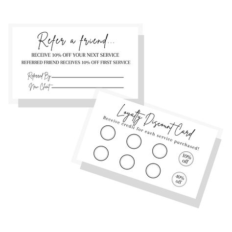 PRICES MAY VARY. 50 TOTAL CARDS printed front only on a 3.5x2” inch business sized card. 14 pt. Matte card stock thickness! Referral card offering a 10 percent off discount for both the referring customer and the new customer. Design is a white card with black text. We LOVE to see how you add our referral cards to your business! Leave pictures with your review. WHAT YOU'RE BUYING:  This product is physical printed business sized cards. Size is 2 x 3.5" inches each business card is printed on a t Event Business Cards, Cards Black And White, Boutique Marketing, Referral Cards, Black And White Minimalist, Cleaning Business, Office Paper, White Minimalist, Discount Card