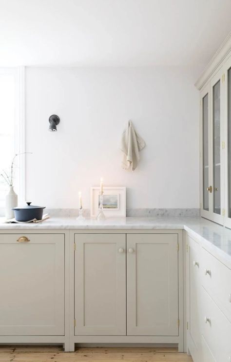 May 29, 2020 - If you're looking for something warm and classic, and not too crazy, try this perfect cabinet color. Kitchen Devol, Neutral Kitchen Cabinets, Kitchen Color Trends, Kitchen Cabinet Trends, Cabinets Painted, Devol Kitchens, Gray Kitchen, Kitchen White, Grey Kitchen Cabinets