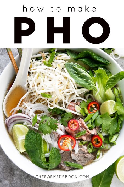 This unbelievably delicious Vietnamese Pho Recipe is made with a nourishing beef broth infused with fragrant spices, chewy noodles, and tender slices of meat. Filled with the same delicious and authentic flavors as your favorite pho restaurant, learn how to make this Pho Noodle Soup from scratch and serve topped with fresh herbs and vegetables. Pho Soup Recipe, Chewy Noodles, Vietnamese Noodle Soup, Pho Noodle Soup, Pho Restaurant, Herb Bouquet, Pho Broth, Vietnamese Pho, Pho Soup