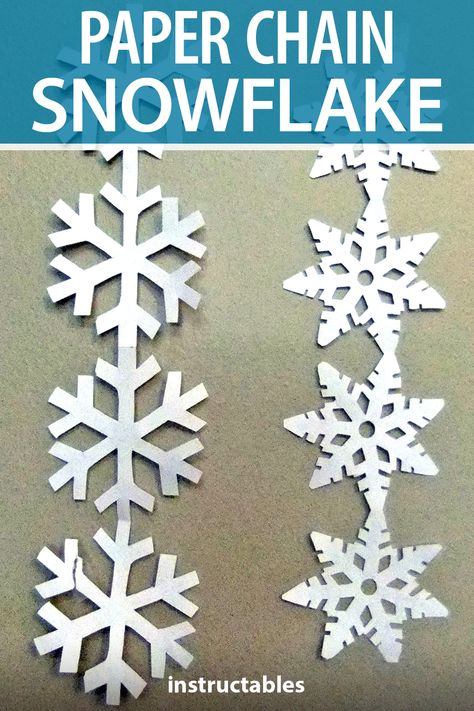 dogsrule0909 shares how to take a simple paper snowflake design and make it into a paper chain! #Inbstructables #holiday #decor #Christmas #papercraft Snowflake Paper Garland, Snowflake Window Decorations, Snowflake Garland Diy Kids, How To Make Paper Snowflake Garland, Paper Snowflake Garland Diy, Paper Chain Snowflakes, How To Make A Paper Snowflake Chain, Paper Snowflakes Chain, Paper Snowflakes Hanging From Ceiling