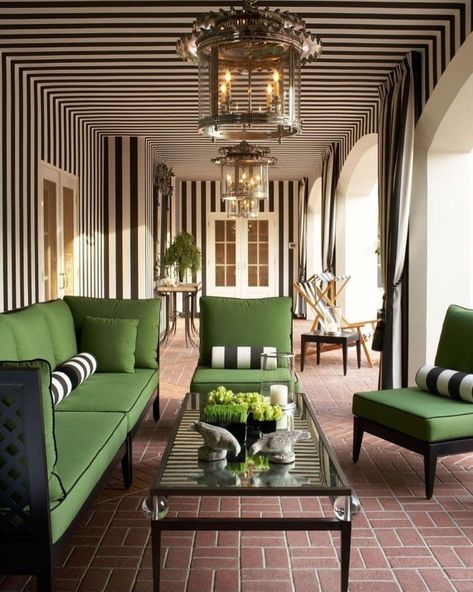 An old Hollywood mood for this gorgeous loggia in California designed by @aj.rchstudios . . . #decor #decoration #designinspiration… | Instagram Dorothy Draper Interiors, 1980s Interior, Dorothy Draper, Striped Decor, Home Design Plan, Classic Bedroom, California Design, Decor Home Living Room, Home Fashion