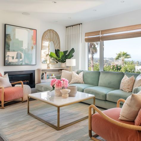 A marvelous lounge room featuring cane chairs and light mint green decor Living Room Designs Florida, Mint Green Couch Living Rooms, College House Living Room, Mint Green Decor, Teal Couch, Green Couch Living Room, Stylish Living Room Ideas, Pastel Living Room, Cane Chairs