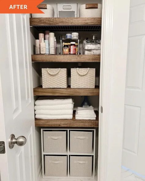 As a mostly utilitarian space, linen closets don’t have to look like they belong in a magazine spread. The most important thing is that it serves up the towels, bedding, or toiletries that you need to grab with ease. Having it look aesthetically pleasing is the cherry on top. Medicine Closet Organization, Medicine Closet, Linen Shelves, Decorative Bookshelves, Linen Closets, Organized Closet, Shelf Cover, Magazine Spread, Wire Shelves