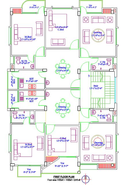 Residential Building Plan - 2400 SQ FT Detailed House, Residential Building Plan, Hotel Floor Plan, House Plans Ideas, Bungalow Floor Plans, Building House Plans Designs, Building Plans House, Apartment Floor Plans, Architectural Floor Plans