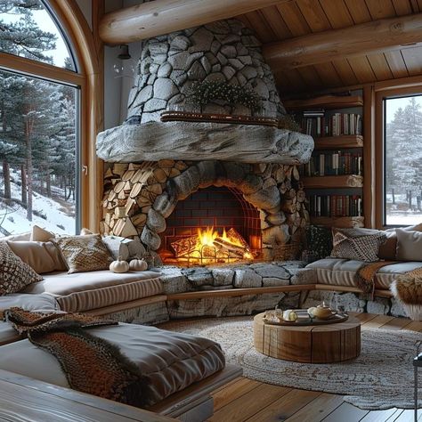 Cabin Tv Room, Huge Fireplace, Big Fireplace, Cabin Fireplace, Log Cabin Ideas, Cabin House Plans, Rustic Home Design, Cabin Living, Timber Frame Homes