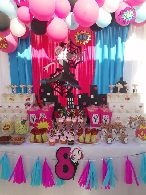 Spider Gwen Party Ideas, Gwen Spiderman Birthday Party, Ghost Spider Gwen Birthday Party, Spidey Ghost Spider Birthday, Gwen Spidey Party, Spider Gwen Party Decorations, Spider Gwen Birthday Party Ideas, Ghost Spider Party Ideas, Ghost Spider Birthday Party Ideas