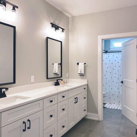 Nikki • Modern Farmhouse on Instagram: “🚀 I’m not sure if I’ve shared this view, but this is the kids’ bathroom. We haven’t decorated much yet, however, simple is working for us…” Sw Repose Gray, Grey Bathroom Floor, Gray Bathroom Walls, Quartz Flooring, Repose Gray, Gray Vanity, Bathroom Redesign, Grey Flooring, Grey Bathrooms