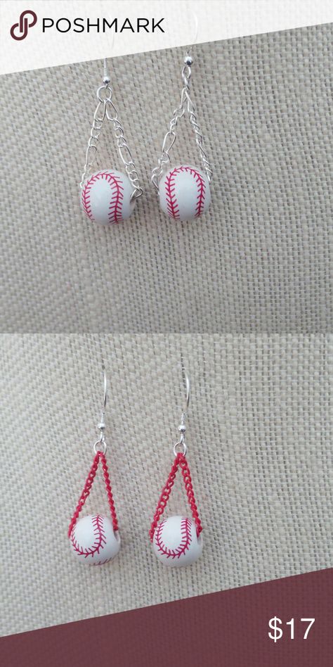 Handmade Ceramic Baseball Earrings Sterling Wires Diy Sports Earrings, Softball Earrings Diy, Diy Baseball Earrings, Football Jewelry Diy, Sports Jewelry Ideas, Baseball Bead Bracelet, Baseball Keychain Diy, Sport Earrings, Softball Jewelry