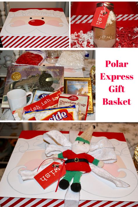 Polar Express Gift Basket Our Crafty Mom Polar Express Gift Basket, Polar Express Gift Ideas, Polar Express Christmas Party, Polar Express Theme, Polar Express Christmas, Gift Bag Ideas, Polar Express Party, Vodka Gifts, Presents Ideas