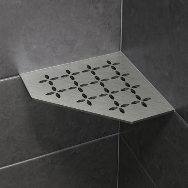 Brushed Stainless Steel Shelves Enhance Design and Performance | schluter.com Cut Out Shower Shelves, Metal Shower Shelf, Schluter Corner Shelf, Shower Corner Shelf For Shaving, Tile Shower Shelf, Simple Small Bathroom Ideas, Schluter Shower, Stainless Steel Corner Shower Shelf, Niche Shelves