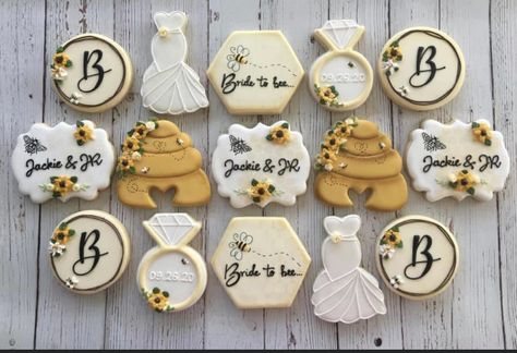 Bee Wedding Shower Cookies, Bride To Bee Cupcakes, Meant To Bee Bridal Shower Cookies, Bee Bridal Shower Cookies, Bee Themed Engagement Party, Meant To Bee Bridal Shower Theme, Bride To Bee Cookies, Meant To Bee Engagement Party, Bridal Shower Honey Theme