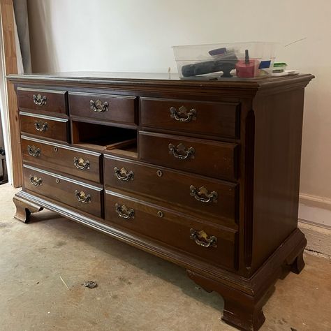 70s Dresser Makeover, Green Painted Dresser, Green Dresser Makeover, Pine Furniture Makeover, Wood Dressers Makeover, Cherry Wood Dresser, Cherry Wood Furniture, Blue Painted Furniture, Low Dresser