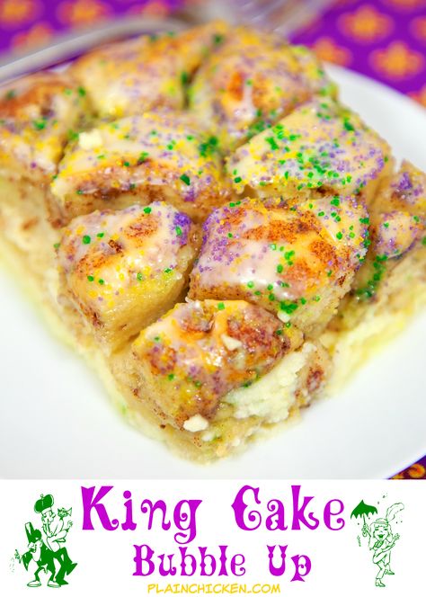 King Cake Bubble Up - We loved this!! Cinnamon rolls, eggs, milk, vanilla and cream cheese. Ready in 30 minutes. Better than any store-bought King Cake we've had! Can serve warm or room temperature. We ate way too much of this! Perfect for your Mardi Gras party! Mardi Gras Recipes, King Cake Recipe, King Cakes, Mardi Gras King Cake, Mardi Gras Food, Bubble Up, Plain Chicken, Ideas Food, Camping Party