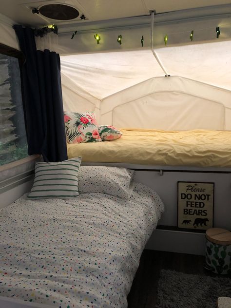 Our DIY Pop Up Camper Makeover: The Reveal // A Pretty Life Pop Up Camper Cushion Covers, Pop Up Tent Trailer Remodel, Pop Up Camper Interior Ideas, Diy Pop Up Camper, Popup Remodel, Small Camper Interior Ideas, Fancy Camping, Camper Interior Ideas, Small Pop Up Campers