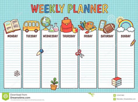 Illustration about Weekly planner for elementary school. Cute template with cartoon school objects and symbols on blue background. Illustration of children, ribbon, pupil - 120421865 Weekly School Planner, School Weekly Planner, School Planner Template, School Objects, Cute Template, Weekly Template, Weekly Planner Free Printable, School Timetable, Action Plan Template