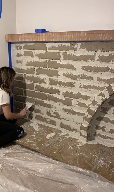 $100 DIY Fireplace makeover using Mortar Rock Over Brick Fireplace, Over Grouting Brick Fireplace, Marble Over Brick Fireplace, Huge Brick Fireplace, Before And After Brick Fireplace, Brown Brick Fireplace Makeover, Old World Fireplace, Overgrouted Brick, Overgrouted Brick Fireplace