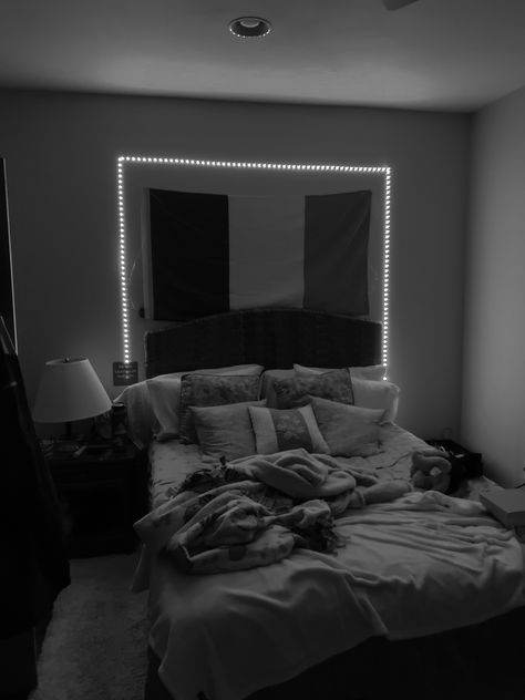 a messily made bed framed by LED lights Grey Led Lights Aesthetic, Grey Room With Led Lights, Black Bedroom With Led Lights, Led Lights Behind Bed, Colour Scheme Bedroom, Dark Aesthetic Bedroom, Grey Room Ideas Bedroom, Grey Single Bed, Gray Bed Set