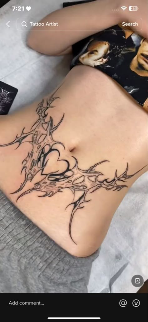 Tattooed Stomach Woman, Tattoo Ideas Stomach For Women, Stomach Tats For Women, Unique Chest Tattoo Female, Lower Abdomen Tattoo Women, Tattoo Ideas Stomach, Waist Tattoos For Women, Tattoo Between Breast, Womb Tattoo