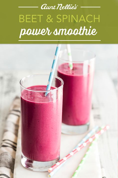 Power up your morning routine with this energy-packed smoothie made with spinach and Aunt Nellie's Beets! Click to expand for the complete recipe from www.auntnellies.com Celery Smoothie, Warm Weather Recipes, Spinach Smoothie Recipes, Springtime Recipes, Beet Smoothie, Power Smoothie, Ginger Smoothie, Fruits For Kids, Green Juice Recipes