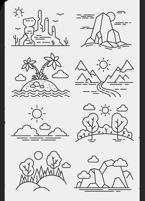 Simple Doodles Mountains, Landscape Doodles Easy, Simple Landscape Doodles, Mountain Doodle Art, Outdoor Doodles Easy, Doodle Landscape Drawings, Hiking Doodles Simple, Landscape Doodle Art, Easy Nature Doodles