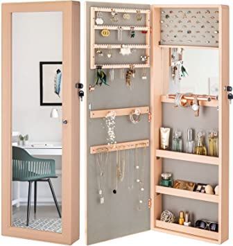 LUXFURNI Jewelry Armoire Organizer, Wall/ Door Mounted Cabinet with Full Length Mirror (Peach) Jewlerie Organization, Full Length Mirror Cabinet, Jewelry Storage Cabinet, Armoire With Mirror, Wall Mounted Jewelry Armoire, Jewelry Armoires, Mounted Cabinet, Mirror Jewelry Armoire, Mirror Jewellery Cabinet