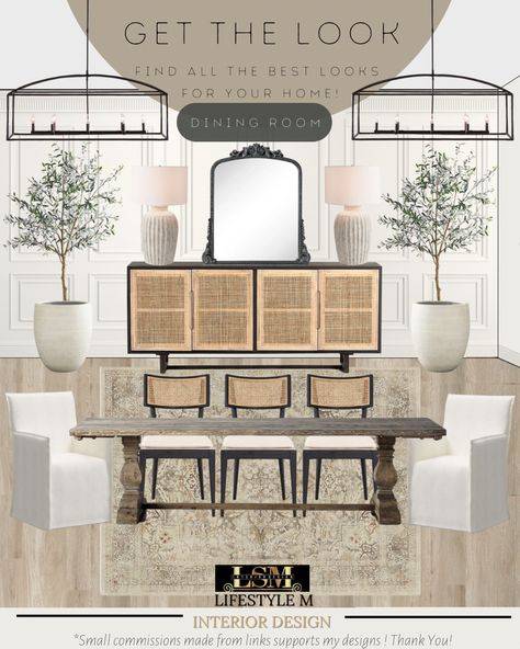 Mood board for a dining room design. Styling A Dining Room Buffet, Black And Beige Dining Room, Arhaus Dining Room Inspiration, Wood Dining Table Black Chairs, Formal Dining Room Ideas, Modern Farmhouse Transitional, Dining Room Mood Board, Family Room Furniture Layout, Dining Chairs Fabric