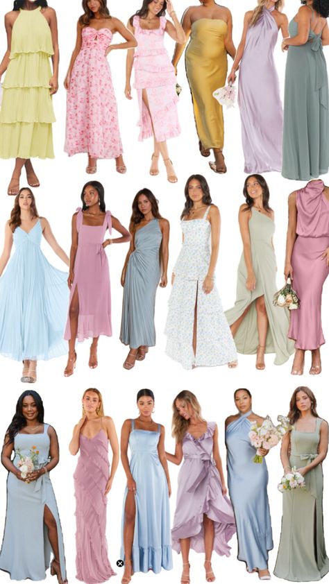 Pastel Wedding Guest, Womens Cocktail Attire, Gala Attire, Wedding Tips And Tricks, Cocktail Wedding Attire, Mismatched Dresses, Pastel Bridesmaids, Most Pinned, Gala Outfit