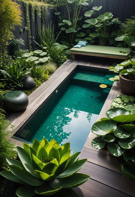 15 Stunning Plunge Pool Ideas for Small yards 14 Small Garden With Pool, Plunge Pool Ideas Small Spaces, Pool Backyard Ideas, Plunge Pool Ideas, Pool Ideas For Small Yards, Small Pools Backyard, Small Backyard Pool Ideas, Ideas For Small Yards, Aesthetic Pool