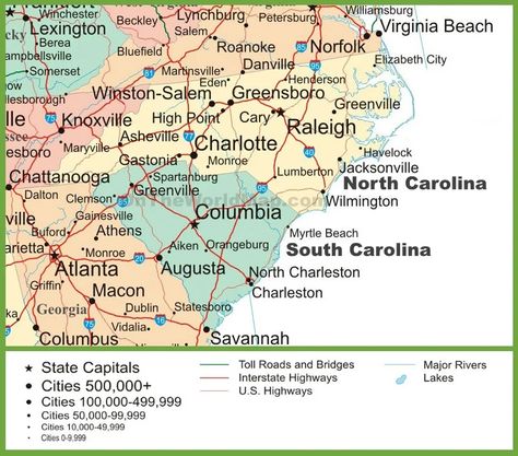 Map of North and South Carolina Map Of North Carolina, Salem Virginia, Statesboro Georgia, Nc Beaches, North Carolina Map, Toll Road, North And South, Virginia Beach, Myrtle Beach