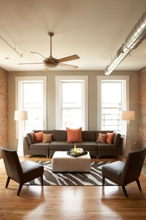 Exposed Air Ducts Living Rooms, Exposed Air Ducts, Ranger Cabin, Exposed Ductwork, Neutral Couch, House Ventilation, Simple Couch, Yellow Accent Walls, Columbus Day Sale