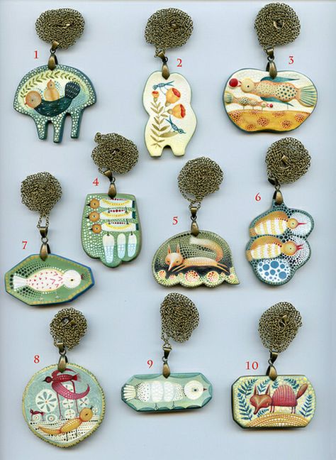 Paper clay pendants by Elsa Mora                                                                                                                                                      More Ceramic Pendants, Hand Painted Necklace, Paper Wall Hanging, Wall Hanging Crafts, Paper Clay, Ceramic Jewelry, Contemporary Jewellery, Enamel Jewelry, Unique Necklaces