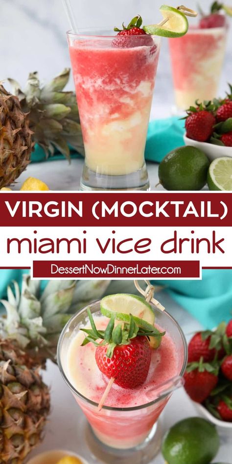 This Virgin Miami Vice Drink Recipe is a non-alcoholic frozen smoothie combination of a Pina Colada and Strawberry Daiquiri swirled or layered together in one drink. It's family-friendly and delicious! Miami Vice Drink Recipe, Virgin Pina Colada Recipe, Miami Vice Drink, Korean Routine, Frozen Strawberry Recipes, Smoothie Combinations, Fiesta Recipes, Orange Julius Recipe, Virgin Pina Colada