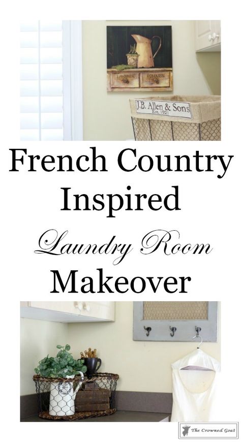 Before and After: See how we created this French  Country Inspired Laundry Room Makeover by making just a few decorative changes - no DIY required. French Inspired Laundry Room, French Country Laundry Room, French Laundry Room, Shabby Chic Laundry Room, Country Laundry Room, Ideas For Bed, Home Decor Laundry Room, French Country Decorating Bathroom, Country Laundry