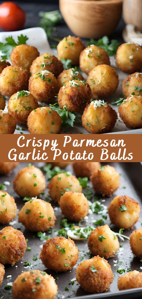 Crispy Parmesan Garlic Potato Balls | Cheff Recipes Italian Potato Balls, Mash Potato Bites, Air Fried Potato Balls, Garlic Parm Potato Cheese Balls, German Potato Balls, Cheese Potato Balls Recipe, Crispy Potato Balls Air Fryer, Mini Potato Bites, Crispy Pub Potatoes