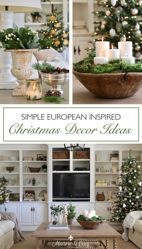 Gorgeous French Farmhouse Christmas Inspiration! European Christmas Decor in the Family Room--->#maisondecinq familyroom christmasdecor christmasdecorating holidaydecor holidaydecorating whitechristmas bluechristmas farmhousestyle frenchfarmhouse frenchcountry countryfrench farmhousechristmas French Farmhouse Christmas, Decorating With Candles, French Country Christmas Decor, French Christmas Decor, French Country Christmas, Christmas Prep, French Christmas, Simple Christmas Decor, Dried Oranges