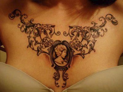 Victorian Chest Tattoo, Victorian Tattoos, Cameo Tattoo, Luck Tattoo, Chest Tattoos, Vine Tattoos, Chest Piece Tattoos, Lace Tattoo, Classic Tattoo