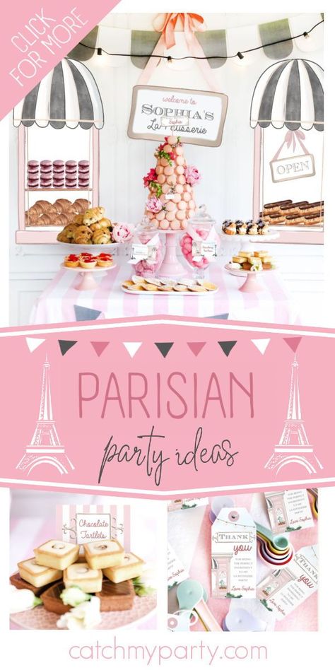 Take a look at this gorgeous Parisian-themed birthday party! The macaron tower is so impressive! See more party ideas and share yours at CatchMyParty.com Girls Paris Birthday Party, Emily In Paris Birthday Theme, Parisian Themed Birthday Party, Patisserie Birthday Party, Ratatouille Birthday Party, Ratatouille Birthday, Marti 8, Paris Birthday Party Ideas, Parisian Patisserie