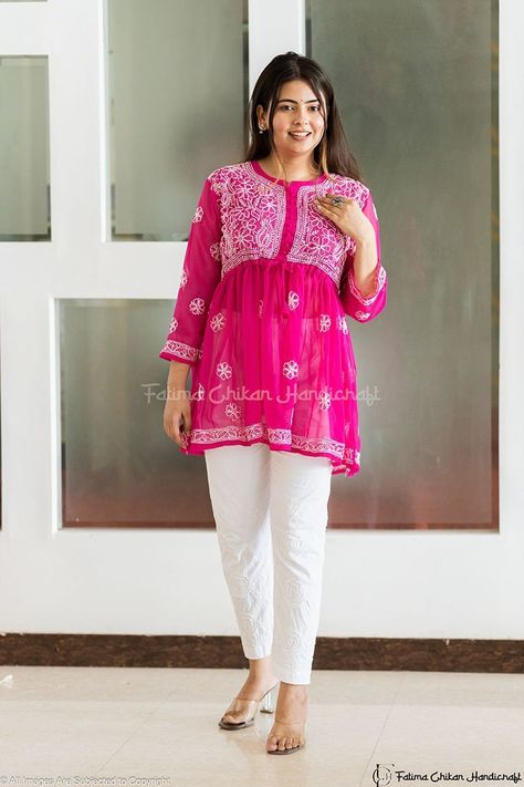 FATIMA CHIKAN HANDICRAFT Present   Faux georgette - Very fine lakhnawi chikankari hand embroidery on front and on back also - Kurti length 29 inches - Pair it with a pair of jeans or a trouser and you are good to go. - Elegant and stylish - a great fusion between ethnic and contemporary. Kurti For Women, Chikankari Kurti, Traditional Embroidery, Ethnic Wear, Embroidered Dress, Dress Clothes For Women, Hand Embroidery, Gift For Her, Gifts For Women