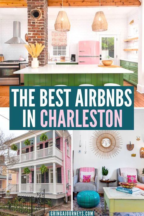 Top photo shows a green and pink kitchen in a popular Airbnb for rent in Charleston. The bottom left photo shows the outside of a hot pink historic home in Charleston on Airbnb. The bottom right photo shows the interior of a living room in an Airbnb in Charleston, with colorful decor. Where To Stay In Charleston Sc, Charleston Airbnb, Charleston South Carolina Vacation, Charleston Historic District, Charleston Travel Guide, Charleston Vacation, South Carolina Vacation, South Carolina Travel, Girls Trips