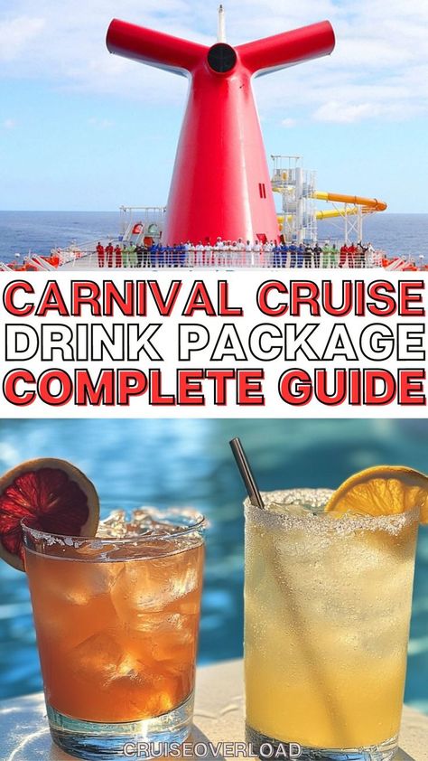 drinks on the deck of a cruise ship with text overlay reading drink package guide carnival cruise line Carnival Cruise Hacks, Carnival Cruise Secrets, Carnival Drink Package, Carnival Conquest Cruise, Carnival Elation Cruise, Carnival Valor Cruise, Carnival Cruise Food, Cruise Drinks, Cruise Checklist