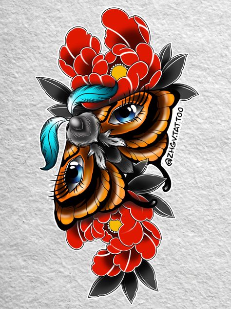 Neo Traditional Butterfly Tattoo, Japanese Butterfly Tattoo, Neotraditional Tattoo Design, Neo Traditional Tattoo Design, Neo Tattoo, Traditional Tattoo Old School, Japanese Flower Tattoo, Rose Tattoos For Men, Girl Arm Tattoos