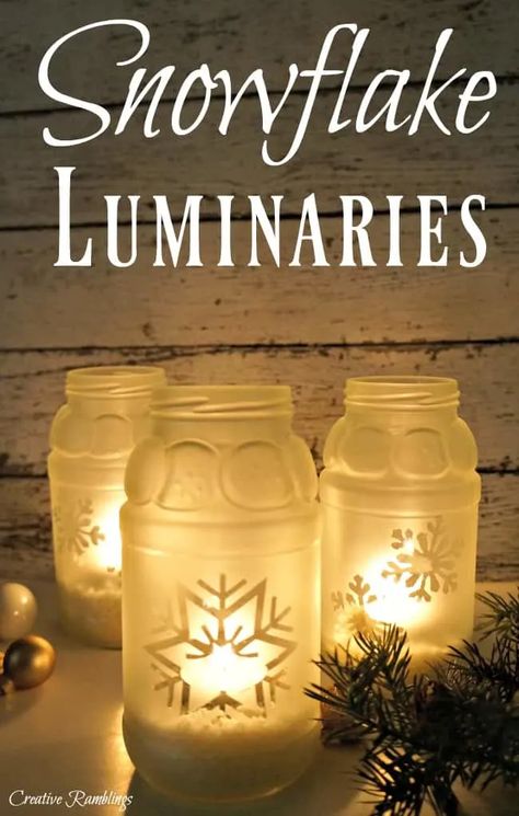 Snowflake Jar Luminaries Luminaries Christmas, Frosted Glass Spray Paint, Glass Spray Paint, Frosted Glass Spray, Easy Winter Crafts, Mason Jar Luminaries, Hometalk Diy, Budget Christmas, Learn Through Play