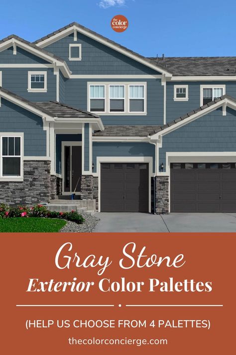 I bought this house as a new build and they gave us a cool gray ledgestone accent on the exterior. I love the stone, but finding the right paint color has been tricky. [rustic exterior house colors, bloxburg house inspo exterior, modern house design exterior, exterior wall design, rustic house exterior, coastal house exterior, exterior house design, house exterior design, home exterior colors, barndominium ideas exterior, 1960s ranch house exterior, orange brick exterior color schemes] Orange Brick Exterior Color Schemes, Bloxburg House Inspo Exterior, 1960s Ranch House Exterior, Rustic Exterior House Colors, Brick Exterior Colors Schemes, Best Exterior Paint Colors, Coastal House Exterior, Rustic House Exterior, Exterior Color Palette