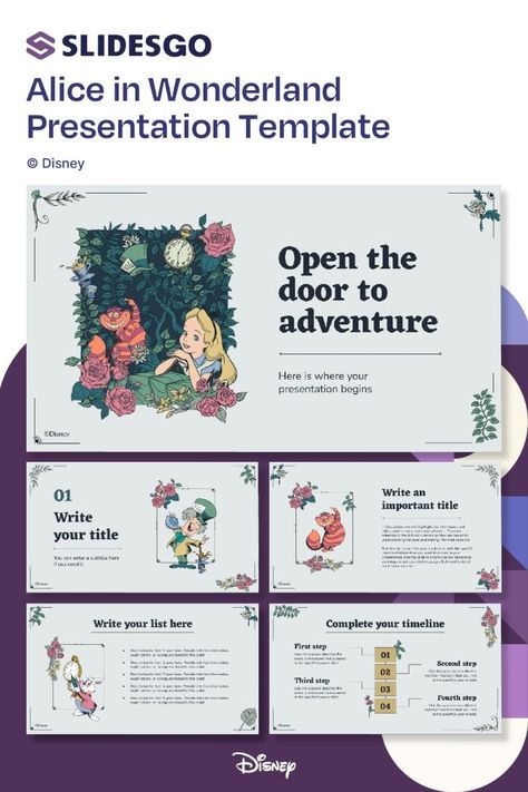 This template features Alice, the Mad Hatter, the Cheshire Cat, and other beloved characters from the classic Disney film. It's perfect for presentations about Alice in Wonderland, the film, or the Website Layouts, Free Ppt Template, Alice In Wonderland Disney, The Cheshire Cat, The Mad Hatter, Disney Film, Ppt Design, Beginning Writing, Business Templates