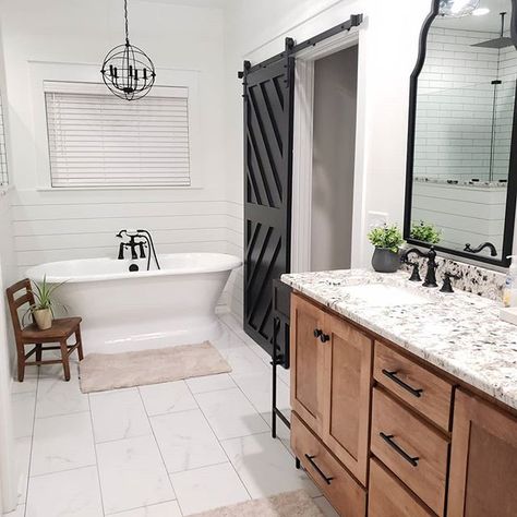 Black Frame Bathroom, White Freestanding Tub, Wood Framed Bathroom Mirrors, Frame Bathroom Mirror, Black Bathroom Mirrors, White Subway Tile Bathroom, Grey Bathroom Cabinets, Black Bathroom Mirror, Modern Hacienda